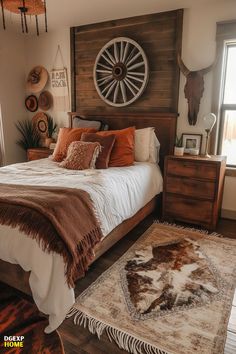 The image presents a Western bedroom with reclaimed wood furniture and a mix of textiles, including a cowhide rug and knitted throws, creating a comfortable, rustic-modern aesthetic. Modern Western Bedroom, Bedroom Style Ideas, Southwestern Bedroom, Western Room Ideas, Western Bedrooms, Cowgirl Room, Foto Cowgirl, Country Bedroom Decor, Ranch House Decor