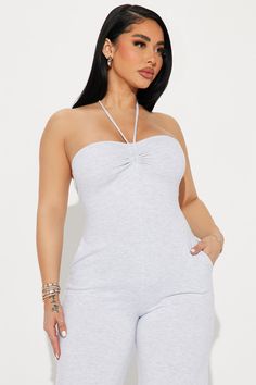 Available In Heather Grey. Jumpsuit Halter Straight Neckline Ruched Wide Leg Stretch Inseam= 34" Self: 65% Polyester 35% Cotton Lining: 100% Polyester Imported | Love The Idea Jumpsuit in Heather Grey size XL by Fashion Nova Grey Jumpsuit, Gal Gadot Wonder Woman, Luxe Clothing, Service Women, Straight Neckline, Gal Gadot, Dressy Casual, Casual Style Outfits, Style Outfits