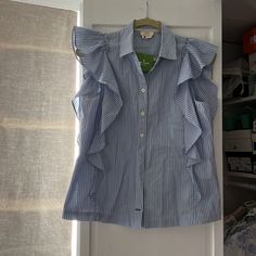 Nwt Perfect Condition Blue Flutter Sleeve Blouse For Work, Butterfly Sleeve Blouse With Ruffles For Work, Blue Ruffled Blouse With Butterfly Sleeves, Blue Butterfly Sleeve Blouse With Ruffles, Summer Office Blouse With Ruffle Sleeves, Ruffle Sleeve Blouse, Sleeve Blouse, Kate Spade, Color Blue