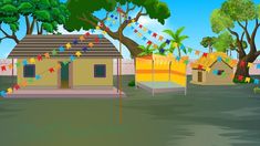 an animated image of a house in the middle of a street with flags and bunting