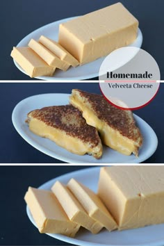 three different views of cheese on plates with the words homemade written above them and below it