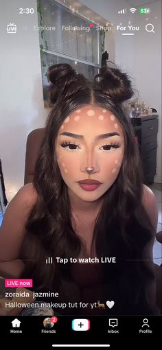 Dear Costume Women, Deer Makeup Halloween Aesthetic, Deer Hairstyles Halloween, How To Do Deer Makeup For Halloween, Cute Halloween Makeup Animal, Deer Make Up Halloween, Deer Makeup Halloween Tutorial, Cute Animal Halloween Makeup, Deer Halloween Costumes Women Makeup