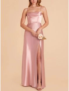 A-Line Bridesmaid Dress Spaghetti Strap Sleeveless Pink Ankle Length Stretch Satin with Split Front / Ruching Rose Bridesmaid Dress, Rose Bridesmaid Dresses, Birdy Grey, Convertible Dress, Evening Dresses Cocktail, Dress Spaghetti, English Roses, Desert Rose, Stretch Satin