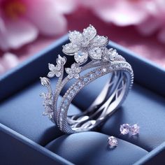 Made with AI @Copyright by អាណាចក្រសម្រស់ [[ Beauty Empire ]] 🇰🇭 Luxury Crown Design Jewelry For Engagement, Luxury Elegant Crown Design Jewelry, Luxury Elegant Flower-shaped Rings, Exquisite Luxury Flower-shaped Rings, Luxury Blue Flower-shaped Rings, Gold Jewels Design, Princess Jewelry, Beautiful Diamond Rings