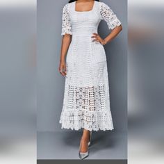 This Wonderful Summer Dress Is A Size Xxl , And Fits Like A True 16. It Can Be Worn For Date Night, Summer All White Party Or To A Wedding The Choice Is Yours, It Won't Disappoint. Fitted Short Sleeve Lace Dress For Beach, Fitted Lace Dress With Short Sleeves For The Beach, Fitted Short Sleeve Lace Beach Dress, White Midi-length Crochet Dress For Vacation, Date Night Summer, Camouflage Dress, Night Summer, The Choice Is Yours, All White Party