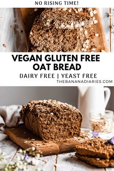 vegan gluten free oat bread on a cutting board with text overlay