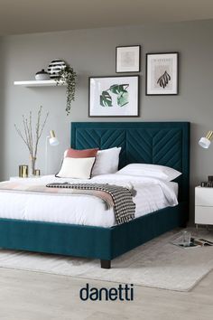 Octavia Dark Teal Velvet King Size Bed with Storage Danetti Bed, Bedroom Ideas With Green Bed, Soft Bed Design, Teal Bed And Cream Curtains, Teal Velvet Bed, Green Bed Design, Velvet Green Bed, Blue Bed Bedroom Ideas, Blue Bed Design