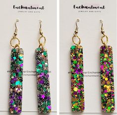 Pretty iridescent resin dangle earrings with Mardi Gras glitter. 3 inches from hook to bottom. Nickel free hooks.  If this is a gift for someone and you would like to include a note please send me a note and I can make it happen! Enjoy Iridescent Resin, Mini Earrings, Glitter Earrings, Make It Happen, Gorgeous Earrings, Mardi Gras, Beautiful Earrings, Jewelry Earrings Dangle, Dangle Drop Earrings