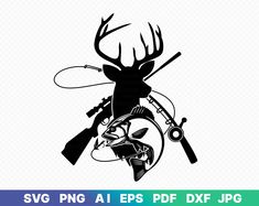 the silhouette of a deer with a fishing rod on it's back and an arrow in