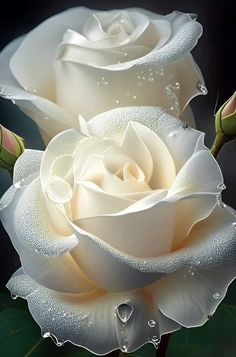 two white roses with water droplets on them