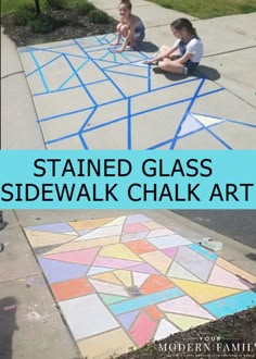 two children sitting on the sidewalk with stained glass sidewalk chalk art