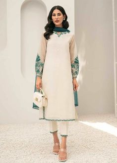 ✨Kurta 1 Off white mid calf length kameez with beautiful resham thread embroidered sleeves and embroidered border at the hem line,paired with matching pant and green dupatta. ✨Kurta 2 Light yellow knee length kurti with scallops border at the hem line and sleeves paired with matching straight pant. Mention kurta 1 or Kurta 2 while purchasing. ✨This outfit is perfect for casual as well as formal occasions.You can also wear it at your office and during your festival. ✨We stitched outfit with lot o Pakistani Kameez, Tailor Design, Kurti Sets, Designer Formal Dresses, Kurti Pant, Diwali Party, Long Kurti Designs, Pakistani Dresses Casual, Pakistani Fashion Party Wear