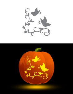 an orange pumpkin with swirls and butterflies on it's side, next to the logo