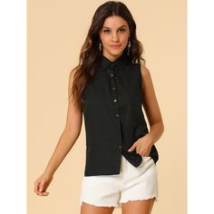 This classic button-up shirt is perfect for any casual occasion and is now available in a sleeveless version that adds a touch of coolness to your look. The shirt's plain design makes it easy to mix and match with other pieces in your wardrobe, while the collar adds structure and sophistication. Made from durable fabric, this shirt is built to last and is perfect for laid-back daytime wear. Whether you're running errands or grabbing lunch with friends, this shirt will keep you comfortable and st Casual Tank Top With Buttons, Solid Sleeveless Shirt For Summer, Casual Cotton Tank Top With Button Closure, Black Sleeveless Cotton Shirt, Casual Sleeveless Blouse For Summer, Classic Summer Tank Top With Buttons, Black Button Closure Tank Top For Summer, Black Summer Tank Top With Button Closure, Casual Sleeveless Blouse With Buttons