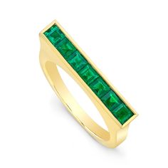 Alexandra Jules 'Emerald Skinni Ring' takes on a new look with 1.25 carats carre-cut, rich, green emeralds, hand-set in our signature 18kt gold skinni bar. Chic and stylish on its own or stacked with other skinnis!   Available in 18-karat yellow, white or pink gold. Square Gold Ring, Emerald Watch, Baguette Band, Pear Shaped Ring, Rich Green, Square Cut, Watches Jewelry, Pink Gold, Emerald Green