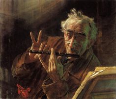 an old man playing a flute while sitting in a chair with his hand up to the mouth