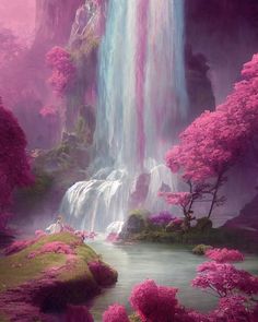 the waterfall is surrounded by pink flowers and trees