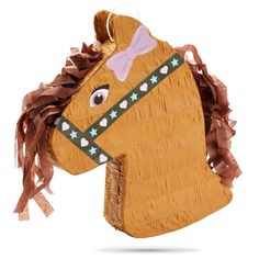 a wooden horse head with a bow on it's neck and some brown ribbon around its neck