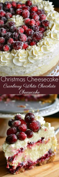 christmas cheesecake with cranberry white chocolate frosting and raspberries on top