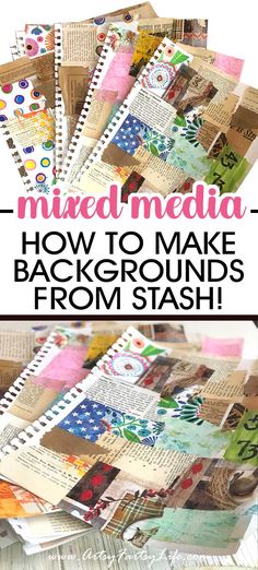 DIY Mixed Media Background Papers From Your Stash Fun Art Journal Ideas, Mixed Media Book Covers, Collage Paper Art Ideas, Cute Easy Art, Art Collage Ideas, Making A Journal, Assemblage Art Collage, Media Background