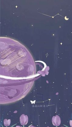 an image of a purple planet with flowers in the foreground and stars in the background