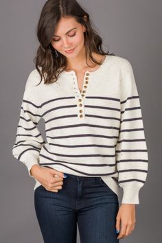 Stripes and Speckles Sweater :: NEW ARRIVALS :: The Blue Door Boutique White Henley For Fall, Casual Striped Sweater With Button Closure, Classic Closet, Blue Door, Navy Stripes, Boutique Clothing, Cute Dresses, Dream Closet, New Arrivals