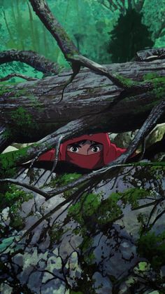 a cartoon character in a red hoodie peeking out from behind a fallen tree branch