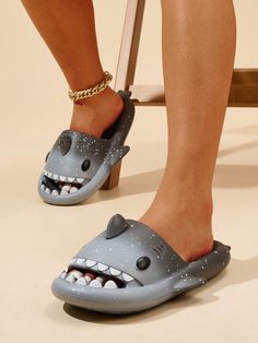 Shark Fun-Shaped Flip Flops With Thick Platform Sole, Open Toe, Couple Sandals Multicolor Fashionable    Plain    Women Shoes, size features are:Bust: ,Length: ,Sleeve Length: Cartoon Shark, Blue Cartoon, Shark Design, Platform Flip Flops, Women Slides, Slides Women, Kids Beachwear, Preppy Style, Flip Flop