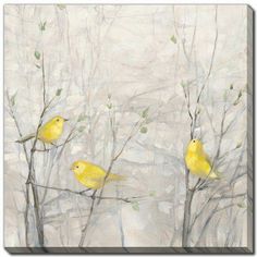 two yellow birds perched on branches in front of white and gray background with trees, leaves and snow