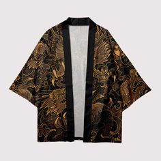 Embrace the Dragon's Fire: Golden Haori Robe of Distinction Step into the realm of the majestic with our Gold Dragon Haori Jacket, a masterpiece that channels the formidable power and grandeur of the mythical dragon. This exquisite haori jacket is a bold testament to artistry and tradition, featuring an ornate golden dragon that snakes powerfully across a rich, dark background. Each scale and whisker is rendered with meticulous detail, shimmering with an almost tangible intensity. The kimono car