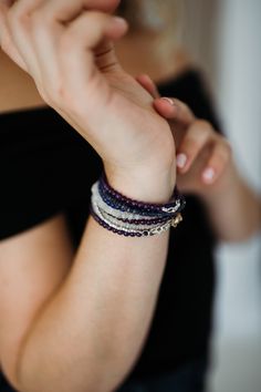 This gemstone bracelet features natural amethyst crystals. The smooth Amethyst beads are a lovely deep purple. The simple design allows the beauty of the stones to shine. This bracelet is perfect on its own, or stacked with your favorite bracelets. At checkout, choose a silver or gold clasp for your bracelet. * METAPHYSICAL PROPERTIES OF AMETHYST * balance courage peace protection temperance wisdom Free gift with every crystal jewelry purchase from Gems by Kelley: a beautiful card with the metap Purple Stackable Jewelry With Round Beads, Everyday Purple Round Beaded Bracelets, Spiritual Purple Bracelets For Everyday, Spiritual Purple Bracelet For Everyday, Purple Spiritual Bracelet For Everyday Wear, Spiritual Purple Bracelet For Everyday Wear, Purple Bracelets With Natural Stones, Everyday Purple Bracelets With Natural Stones, Everyday Purple Amethyst Bracelet