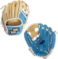 a catchers mitt that is blue and white with an x on the inside