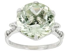 4.50ct Round Prasiolite Rhodium Over Sterling Silver Ring. Measures Approximately 0.50"L x 0.50"W. Not Sizeable. Formal Green Topaz Ring, Green Topaz Ring For Formal Occasions, Green Amethyst Ring With Prong Setting, Green Amethyst Ring With Center Stone And Round Shape, Formal Green Amethyst Ring, Soft Green Color, Broken Chain, Pearl Strands, Green Amethyst