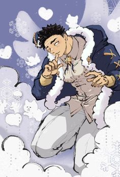 an anime character is standing in the clouds with his hands clasped to his chest and looking up