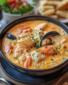 a bowl of seafood soup on a table