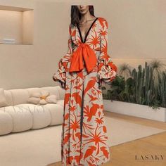 Lasaky - Stylish and Sensual Print Jumpsuit Dress with Waist Tie Fitted One-piece Maxi Dress For Spring, Spring Long Sleeve Jumpsuits And Rompers For Vacation, Elegant Two-piece Maxi Dress For Spring, Summer Two-piece Long Sleeve Jumpsuits And Rompers, Two-piece Long Sleeve Jumpsuits And Rompers For Summer, Two-piece Long Sleeve Jumpsuits For Summer, One-piece Evening Dress For Spring, Chic Orange Jumpsuits And Rompers For Vacation, Chic Orange Jumpsuit And Romper For Vacation