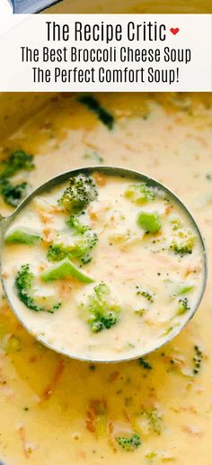 broccoli cheese soup in a pot with a spoon