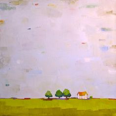 a painting of three trees in the middle of a field