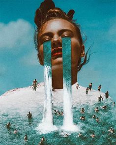 a collage of people standing in the water with waterfall coming out of their mouths