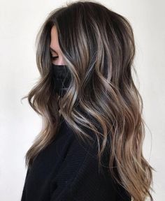 Deep Brown Hair with Smokey Blonde Highlights Dark Brown Base With Ash Blonde Balayage, Highlights To Disguise Gray Hair, Trendy Highlights For Brunettes, Brunette With Ash Blonde Highlights, Ashy Babylights On Dark Hair, Deep Brown Hair, Balayage Ideas, Hair Play, Mom Hair