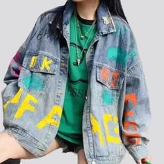 Be the center of attention in our Neon Letters Vintage Denim Jacket for Ladies. Y2K trend from our 2023 Autumn-Winter Collection! Crafted with timeless denim. this large jacket is the perfect blend of comfort. durability and modern couture. The intricate pattern of neon letters. embellishments and buttoned closure are sure to make a statement wherever you go.Distinctive Features: Y2K Style: This oversized denim jacket is a couture take on the classic Y2K aesthetic. ensuring you stand out in the Spring Denim Blue Outerwear With Graphic Print, Denim Blue Letter Print Outerwear For Streetwear, Denim Blue Outerwear With Letter Print For Streetwear, Spring Denim Outerwear With Graphic Print, Distressed Denim Jacket For Fall Streetwear, Spring Grunge Relaxed Fit Outerwear, Spring Denim Blue Outerwear With Letter Print, Medium Wash Graphic Print Outerwear For Spring, Denim Jacket With Letter Print For Fall