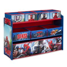 the spiderman toy chest has four bins and is blue with red trimming