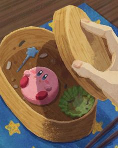 a painting of a pig in a wooden box with chopsticks on the table