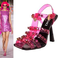 HTML 5 Template   NEW $1,650 VERSACE Runway Pink Jelly Gold Medusa Logo Cage High Heel Sandals Size(s) 37 (US 7) - 4" Heel Description New with box and dustbag. Purchased from Versace. Retail $1,650. Photos are of the actual pair. Authentic Versace sandals in a stunning style as seen on the runway. Pink jelly plastic upper. Pink crystal jeweled embellishments. Gold Medusa logo in front. Square-cut open toe. Ajustable ankle buckle strap. Leather outsole. Style 1004489. Made in Italy. Sure to turn heads. * All items are clean and from a non-smoking home. *                                     ** Payment is expected within 5 days. Please read measurement carefully as sizes vary with designers, please ask for additional measurements if you are unsure. No refunds but exchange is permitted. Items Glamorous Heels For Summer Fashion Events, Glamorous Summer Heels For Fashion Events, Glamorous Sandals For Fashion Events In Summer, Luxury Pink Heels For Summer, Designer Embellished Summer Heels, Designer Embellished Heels For Summer, Designer Rhinestone Sandals For Summer, Designer Sandals For Summer Fashion Events, Designer Sandals For Fashion Events In Summer