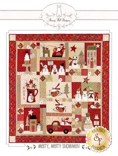 a red and white christmas quilt with snowmen, trees, and houses on it