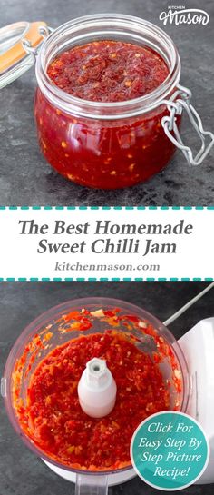 the best homemade sweet chilli jam recipe in a food processor with text overlay