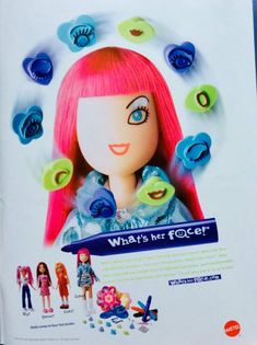 an advertisement featuring a doll with pink hair and blue eyes, in front of a white background