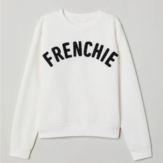 H&M Off-White “Frenchie” Printed Sweatshirt - Size Xs Nwt Elevate Your Casual Wardrobe With This Charming Off-White Sweatshirt From H&M, Featuring A Playful “Frenchie” Print On The Front. Size Extra Small H&m Cotton Sweatshirt With Letter Print, White French Terry Top With Graphic Print, H&m Relaxed Fit Crew Neck Sweatshirt, H&m Letter Print Sweatshirt For Fall, Off White Sweatshirt, Beret Style, Sweatshirt Fabric, White Sweatshirt, Printed Design