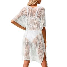 White Hollow-out V Neck Knitted Beach Cover Ups Beach White Dress, Bathing Suit Cover Up, Womens Bathing Suits, Swimwear Cover, Dress Cover, Cover Up Dress, Split Hem, Basic Style, Beach Dress