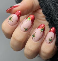 Biab Nail Design Christmas, Acrylic Nails Square Round, Unique Holiday Nails, French Tip With Gold Stars, Red French Tip With Gold, Nails Square Round, French Tip With Gold, Acrylic Nails Square